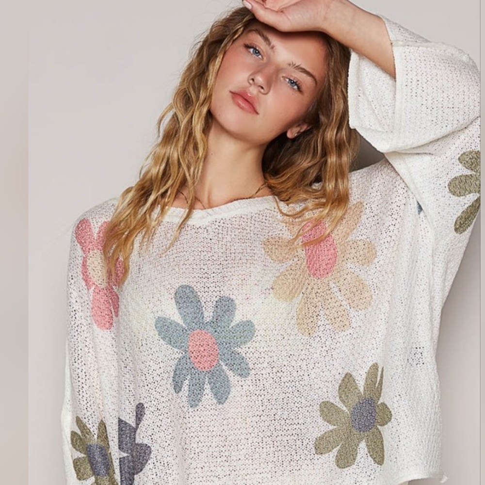 POL Daisy Retro Color Contrast Flower Top Oversized Shirt Pullover Knit Sweater - Picture 8 of 11